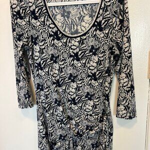 Slinky floral mock-wrap dress - navy and off white